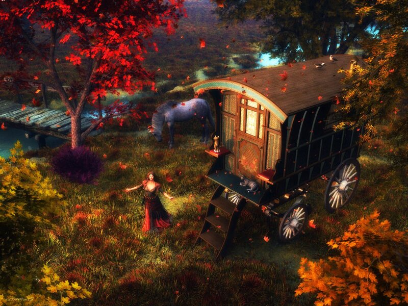 Woman in Autumn Landscape — Red