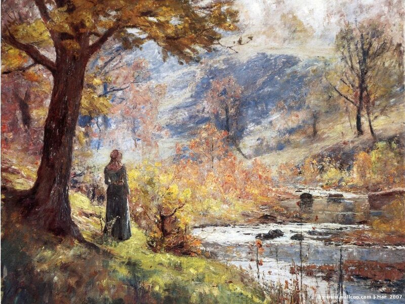 Woman in Autumn Landscape — Yellow, Serene, Painting