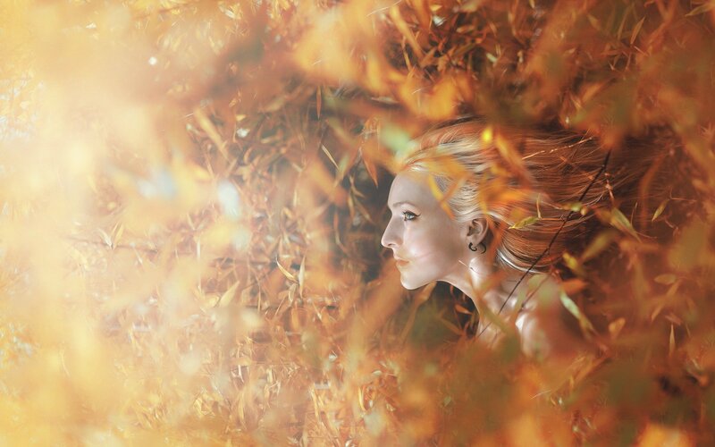 woman in autumn leaves