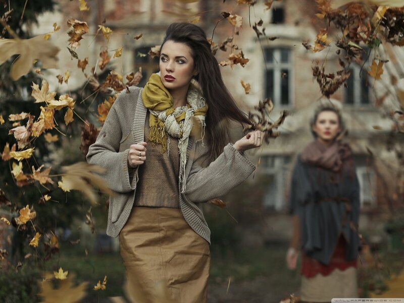 Woman in Autumn Leaves — Brown, Dramatic, Photograph, Scarf