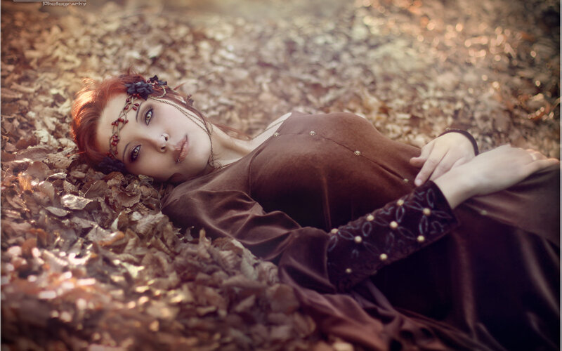 Woman in Autumn Leaves — Brown, Serene, Photograph