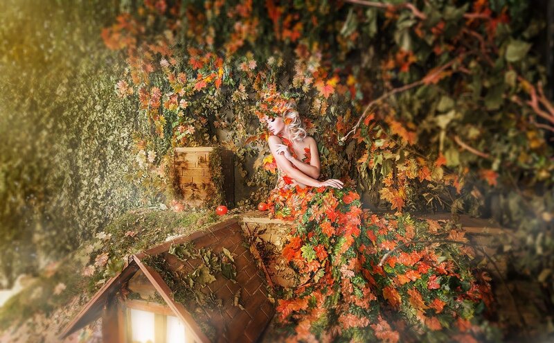 Woman in Autumn Leaves — Orange, Serene, Digital Art