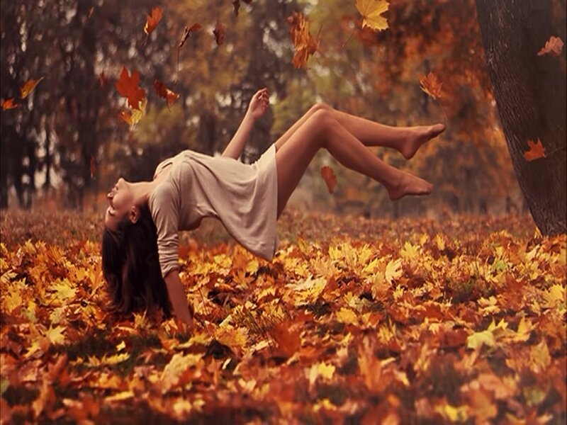 Woman in Autumn Leaves — Orange, Serene, Photograph, Tree