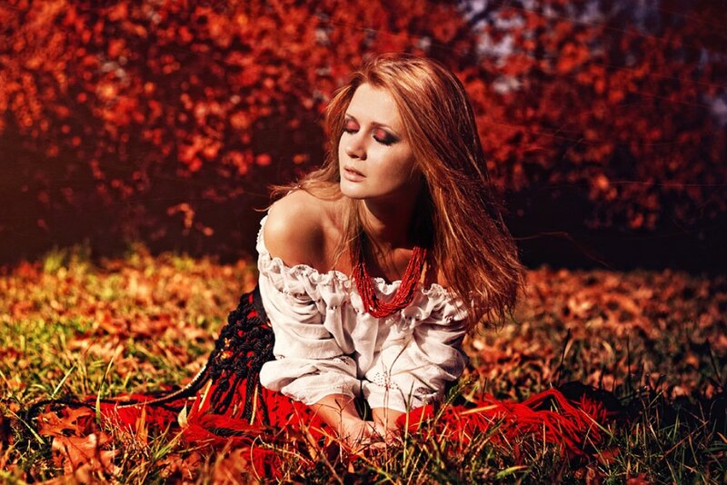 Woman in Autumn Leaves — Red, Dramatic