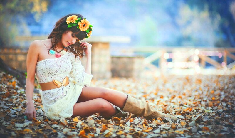 Woman in Autumn Leaves — White, Serene, Photograph