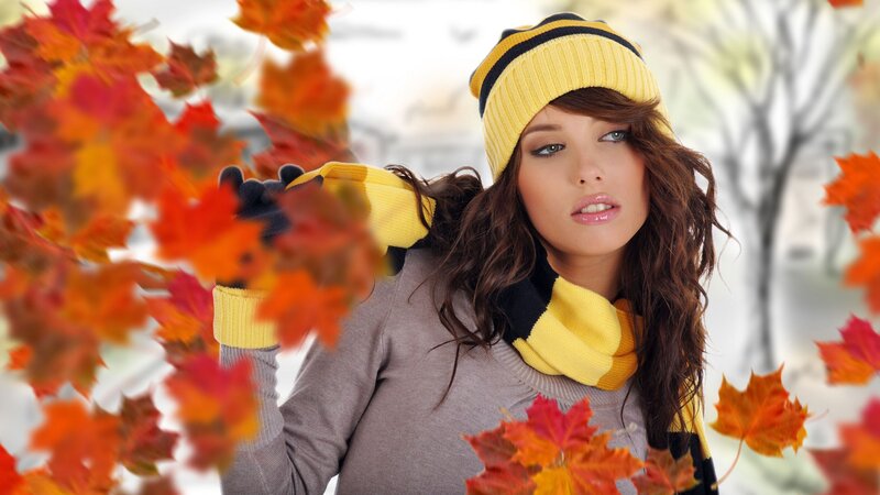 Woman in Autumn Leaves — Yellow, Calm, Photograph, Hat