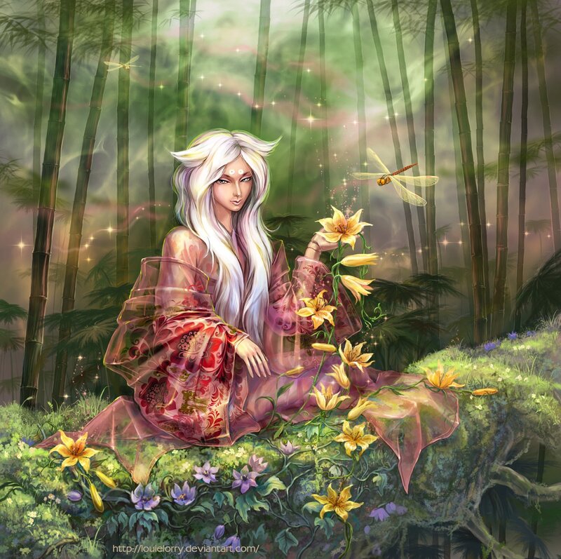 Woman in Bamboo Forest — Green, Serene, Afternoon, Digital Art