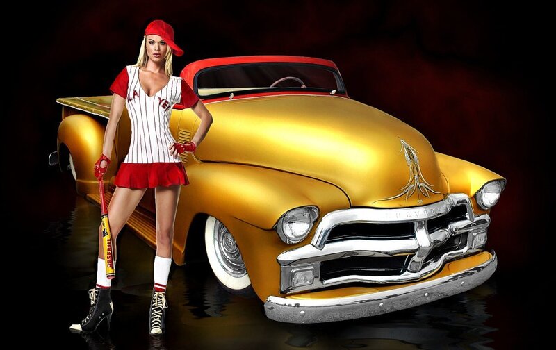 Woman in baseball uniform with gold car