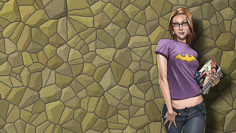 Woman in Bat-T-shirt holding comics
