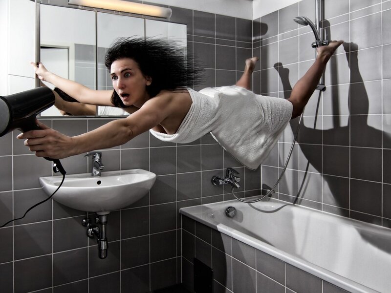 Woman in Bathroom — Gray, Dramatic, Photograph