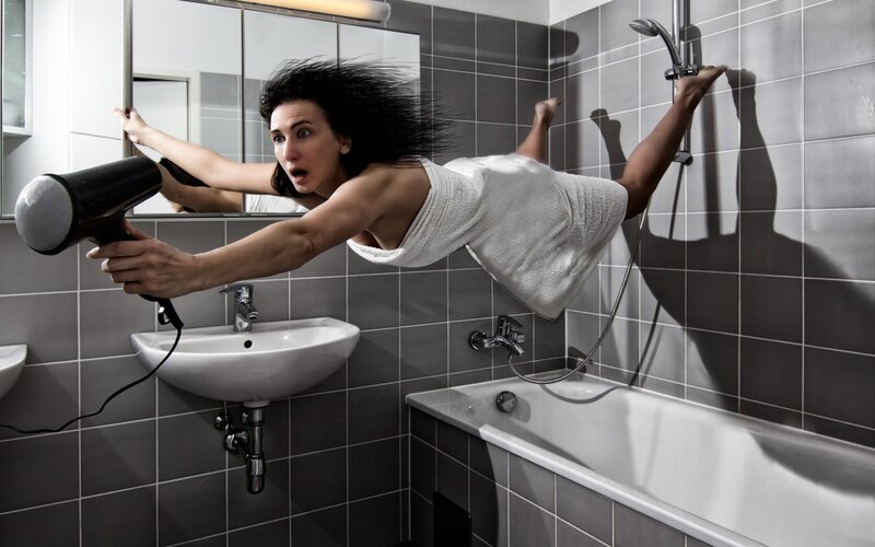 Woman in Bathroom — Gray, Dramatic