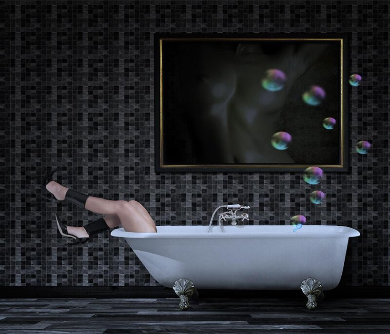 Woman in Bathtub — Black, Dramatic, Digital Art