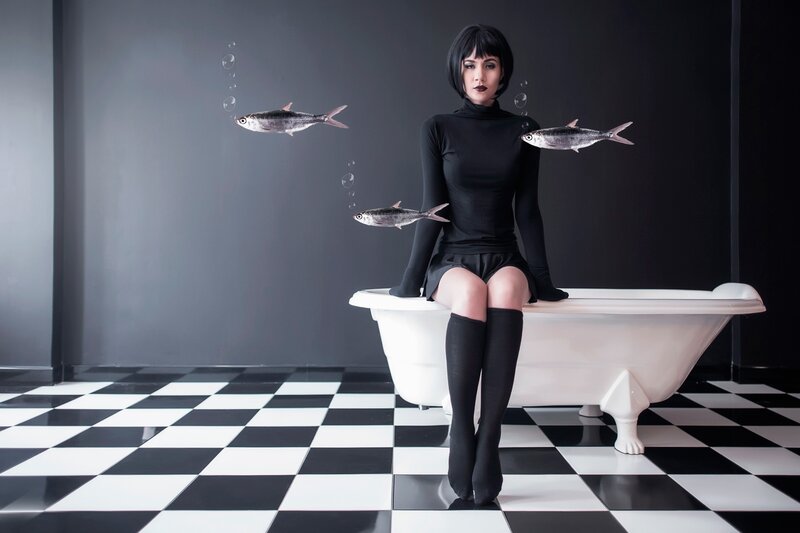 Woman in Bathtub — Black, Dramatic, Photograph, Fish