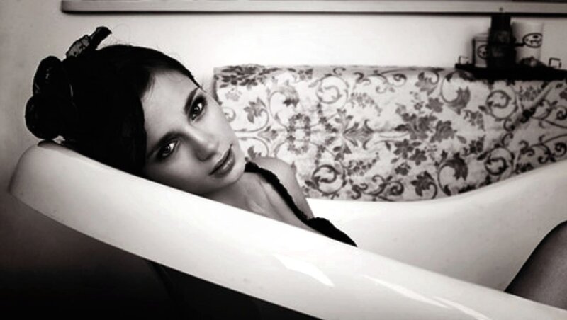 Woman in Bathtub — Black, Dramatic, Photograph, Floral Pattern