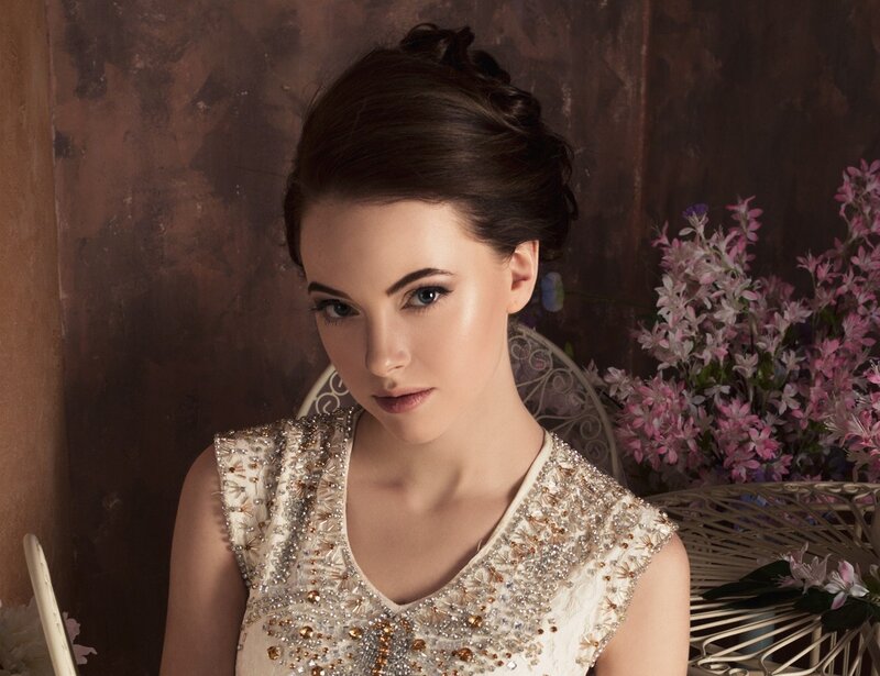 Woman in Beaded Dress — White, Dramatic, Photograph, Flowers