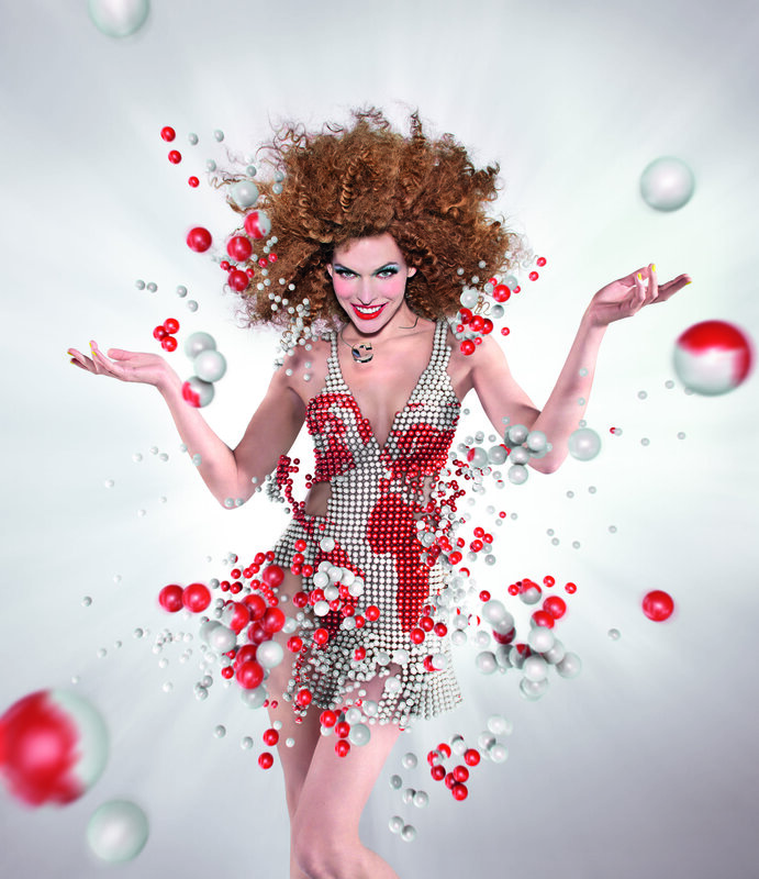 woman in beaded dress with bubbles
