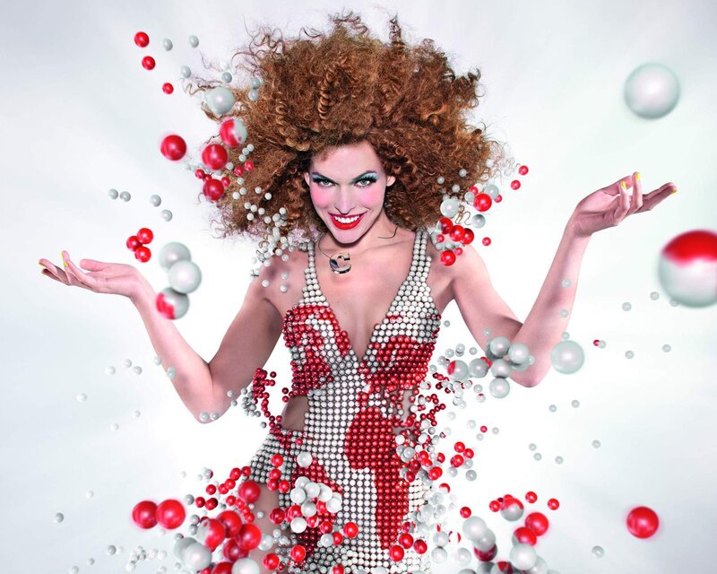 woman in beaded dress with bubbles