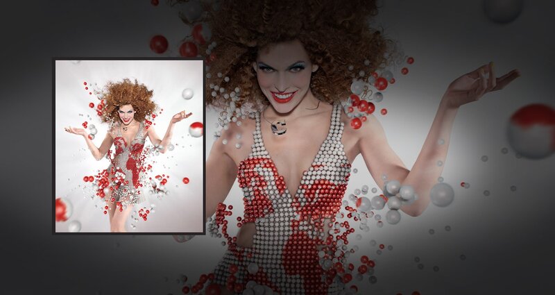 woman in beaded dress with bubbles