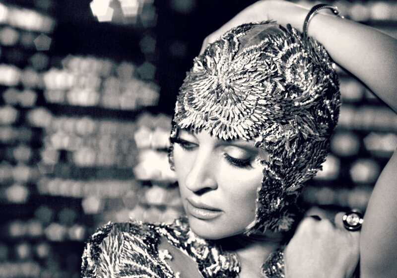 Woman in Beaded Headpiece — Black, Dramatic, Night