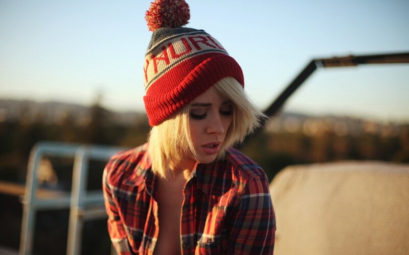 Woman in Beanie Hat — Red