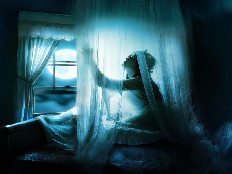 Woman in Bed at Night — Blue, Serene