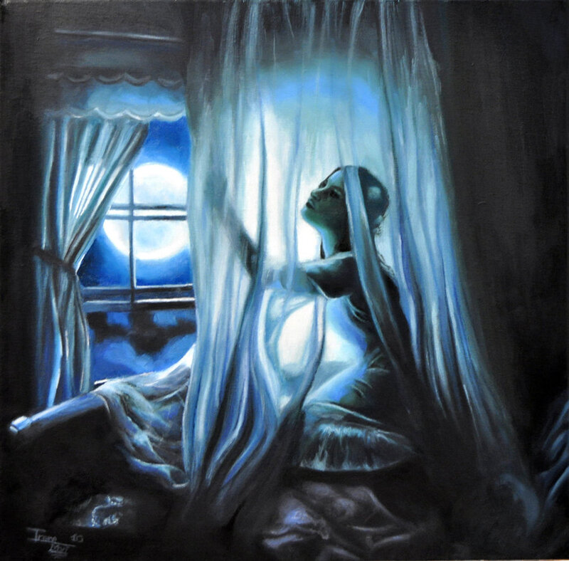 Woman in Bed at Night — Blue