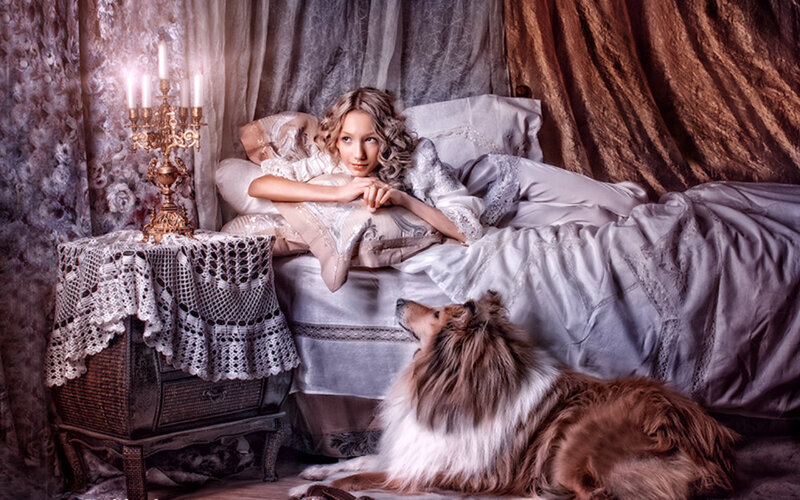 Woman in Bed with Dog — Brown