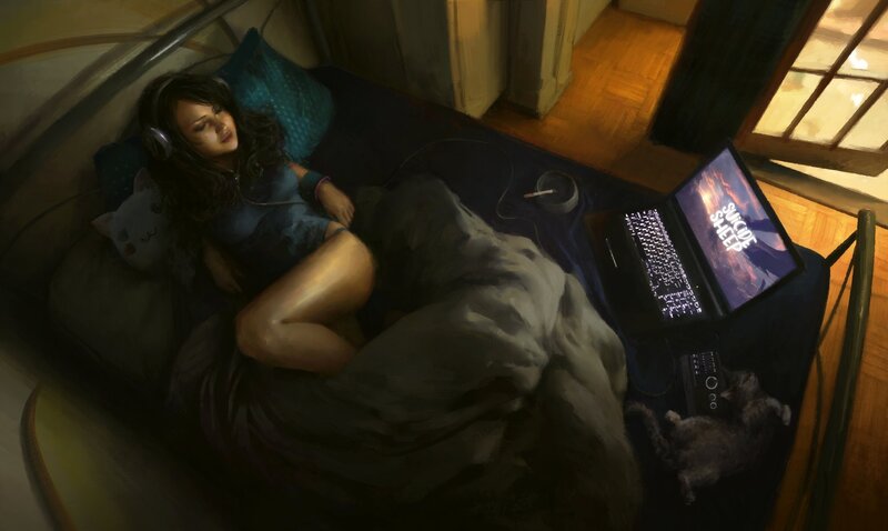 Woman in Bed with Laptop — Blue