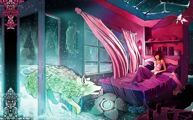 Woman in Bed with Wolf