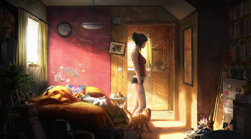 Woman in Bedroom — Red, Calm