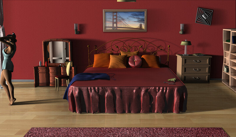 Woman in Bedroom — Red