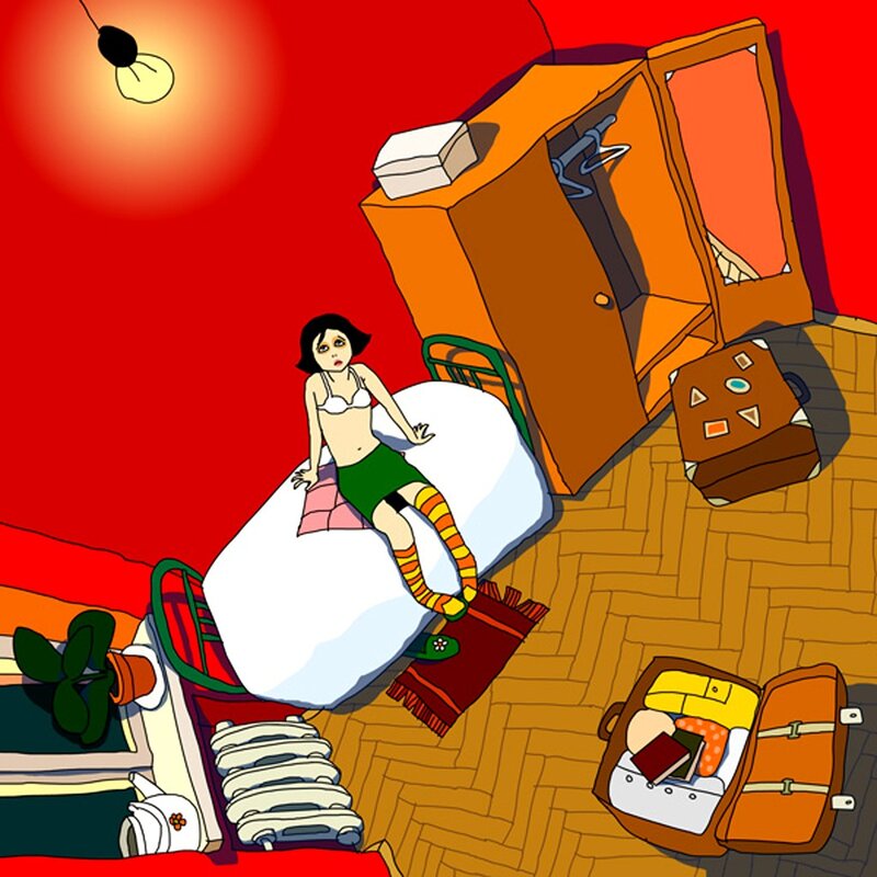 woman in bedroom with luggage