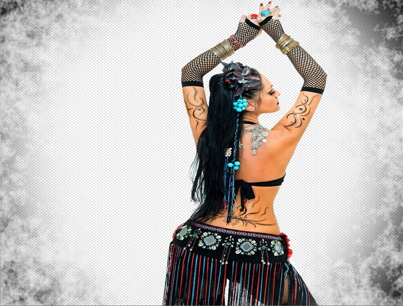 Woman in Belly Dance Costume — Black, Dramatic, Photograph, Tattoos