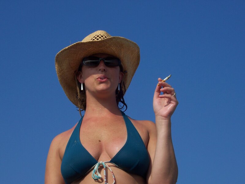 Woman in Bikini and Hat — Blue, Relaxed