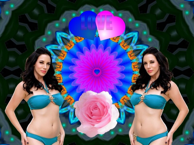 Woman in Bikini — Blue, Vibrant, Digital Art, Hearts, Flower