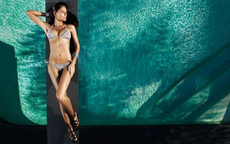 Woman in Bikini by Pool — Blue, Serene