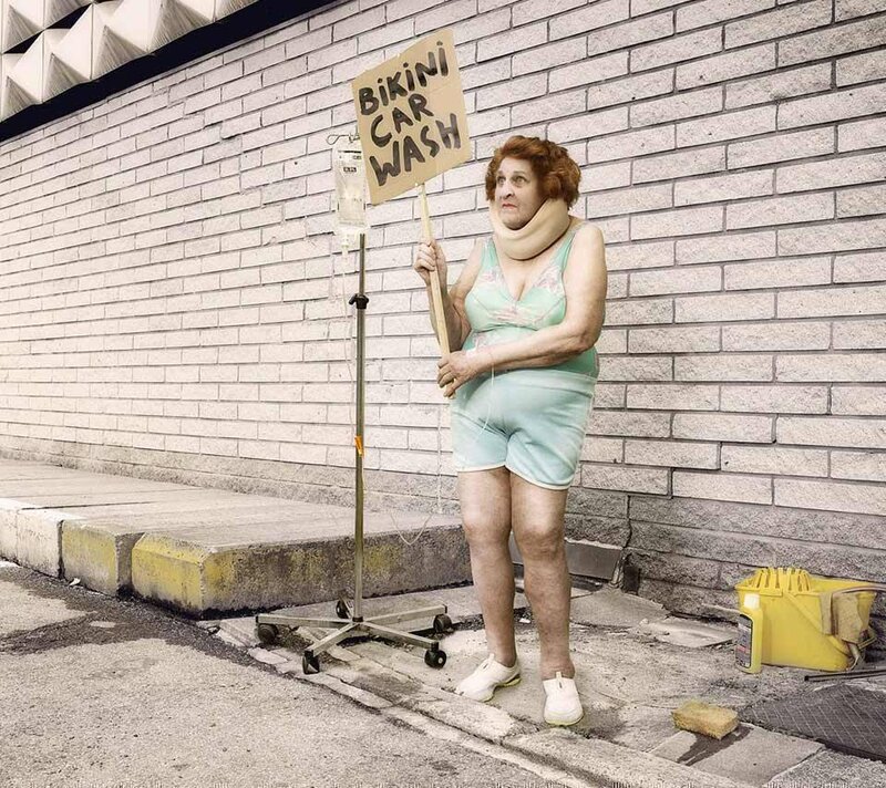 Woman in Bikini Holding Sign — Gray