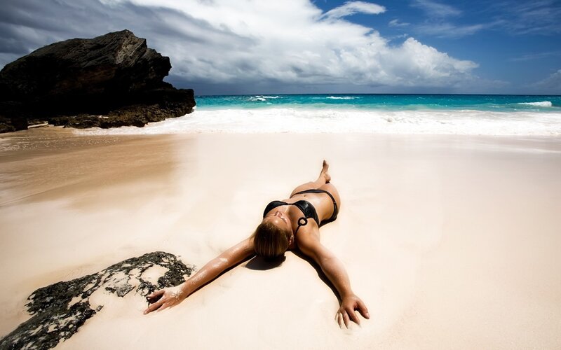 Woman in Bikini on Beach — Beige, Dramatic, Afternoon, Photograph, Sand