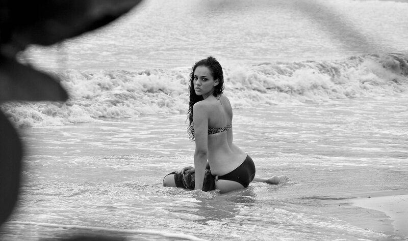 Woman in Bikini on Beach — Black, Dramatic, Photograph