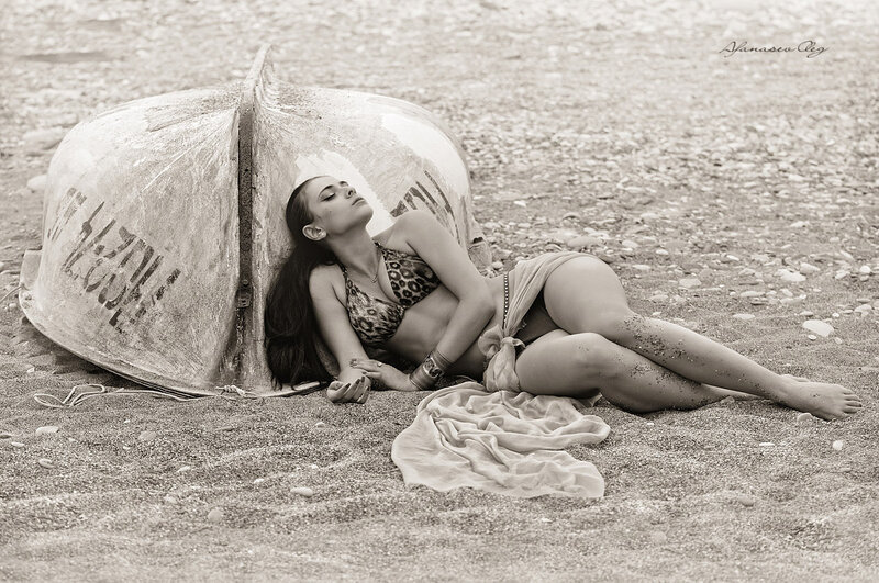 Woman in Bikini on Beach — Black, Serene, Photograph