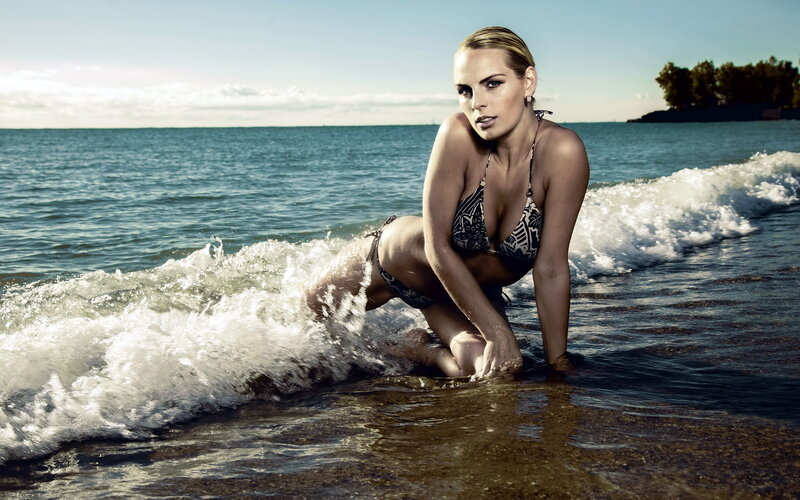 Woman in Bikini on Beach — Blue, Dramatic, Afternoon, Photograph, Ocean, Waves