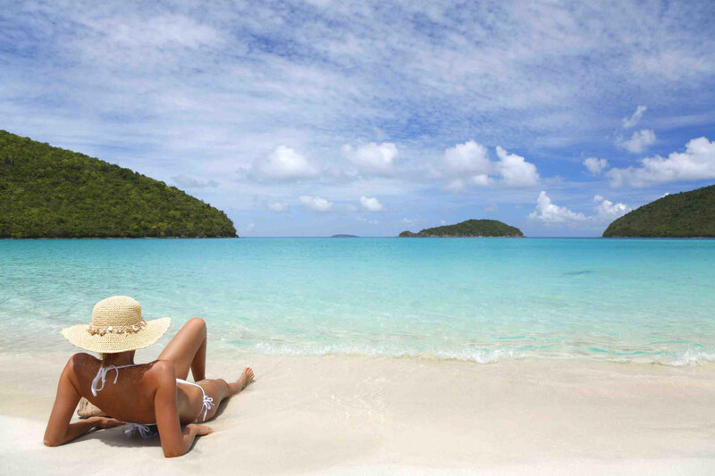 Woman in Bikini on Beach — Blue, Serene, Afternoon, Photograph, Hat