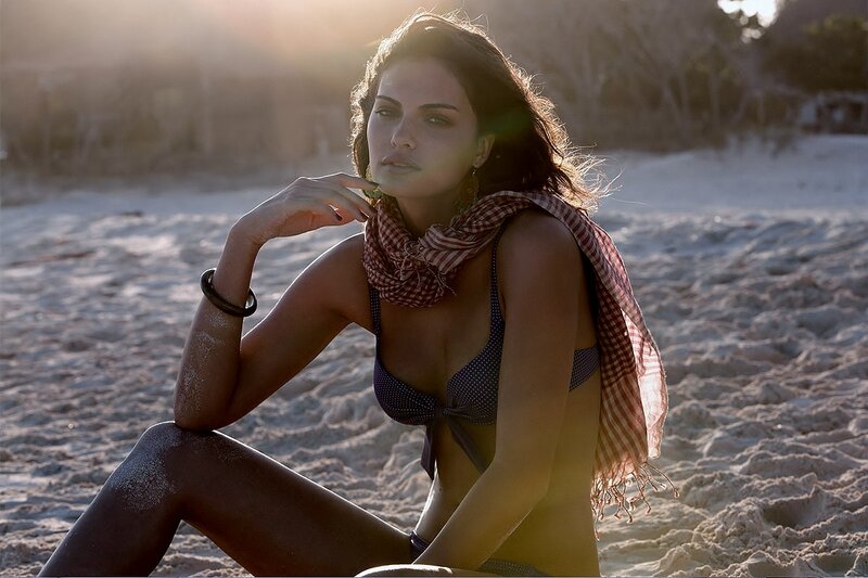 Woman in Bikini on Beach — Brown, Dramatic, Sunset, Photograph, Scarf