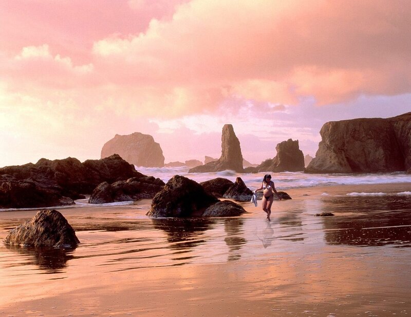 Woman in Bikini on Beach — Pink, Serene, Sunset, Photograph