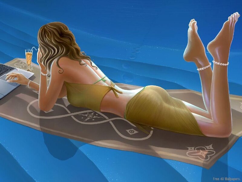 Woman in Bikini on Float — Blue, Relaxed, Afternoon, Digital Art