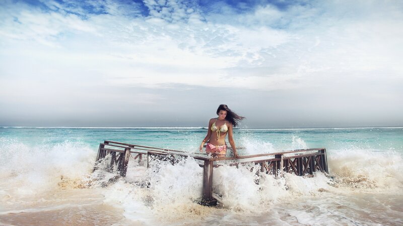 Woman in Bikini on Pier — Blue, Dramatic, Afternoon