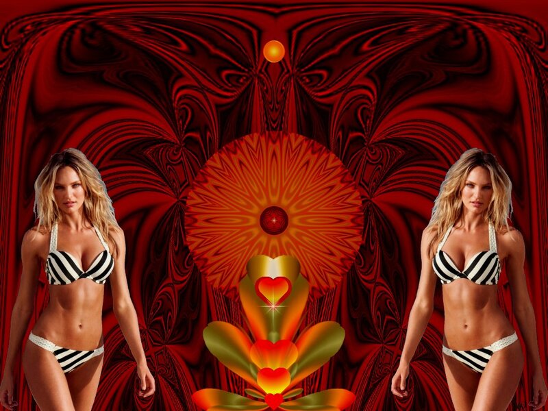 Woman in Bikini — Red, Dramatic, Digital Art, Fractal Background