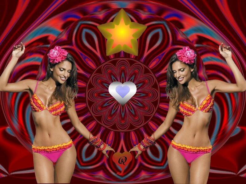 Woman in Bikini — Red, Vibrant, Digital Art, Flower Crown