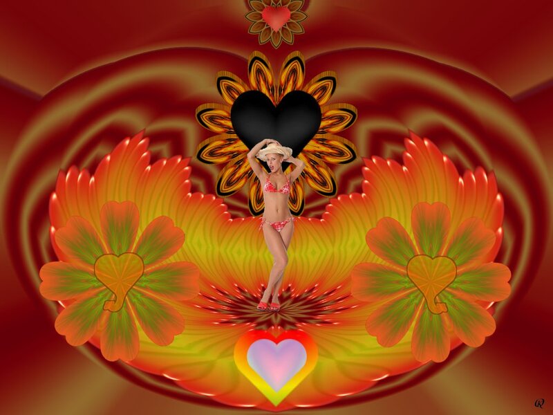 Woman in Bikini — Red, Vibrant, Digital Art, Heart, Flower
