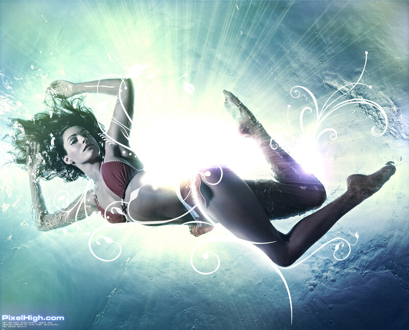 Woman in Bikini Underwater — Blue, Dramatic, Digital Art